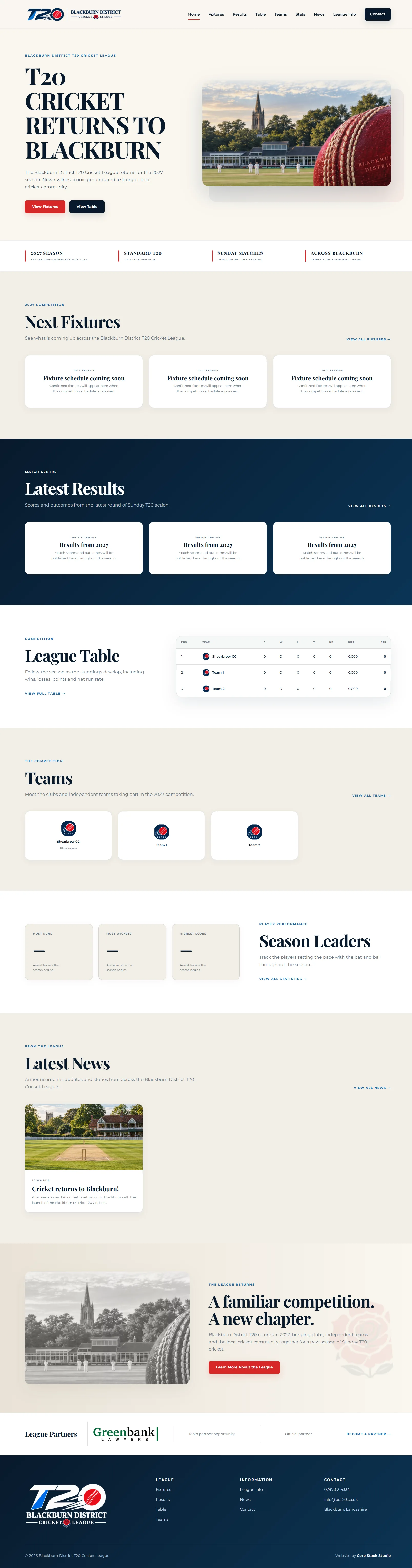 Full-length Blackburn District T20 League homepage showing fixtures, match results, the league table, teams, player statistics, news and league partners