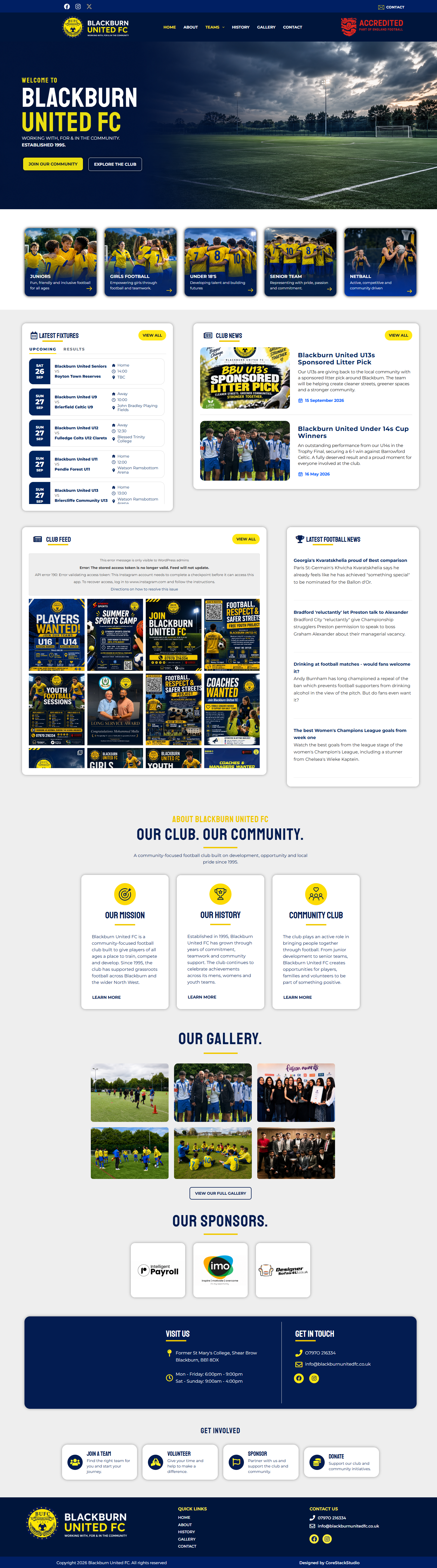 Full-length Blackburn United FC homepage showing the club website design, team information, club sections and supporter-focused content
