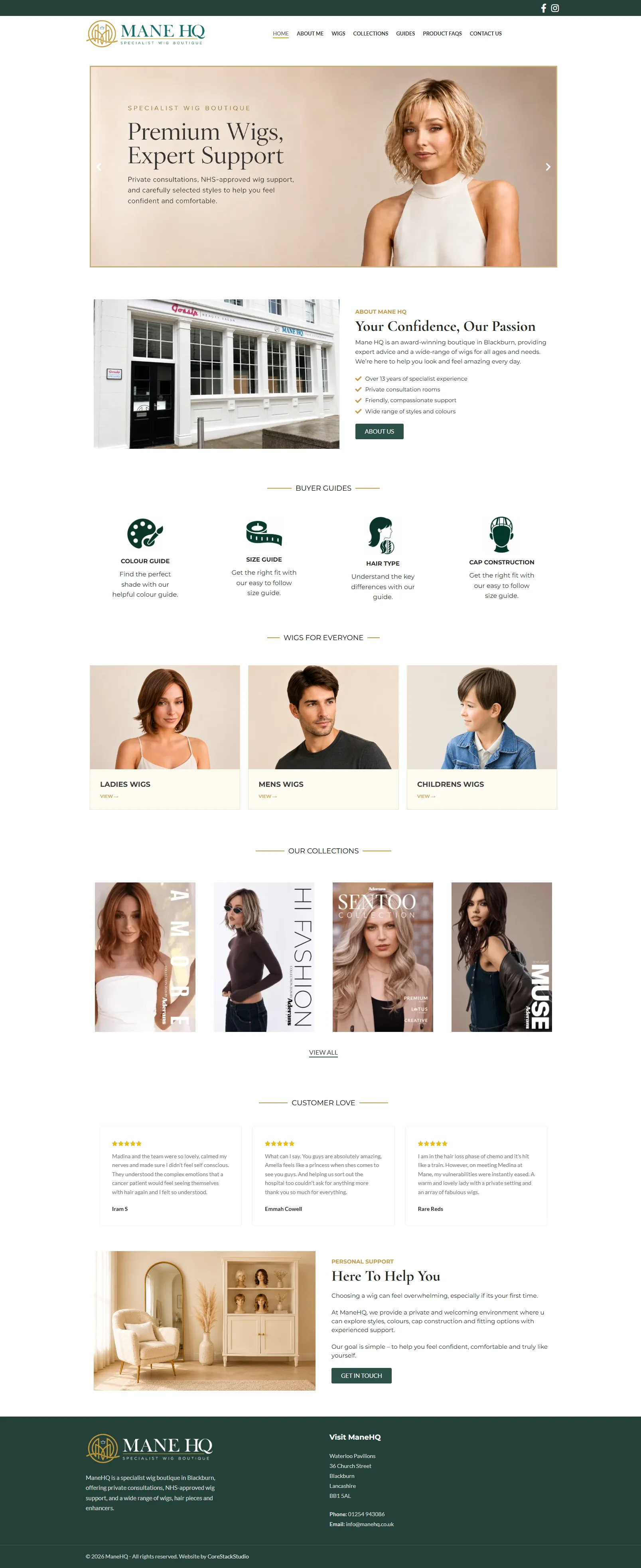 Full-length Mane HQ homepage showing the specialist wig boutique, buying guides, collections, reviews and customer support sections