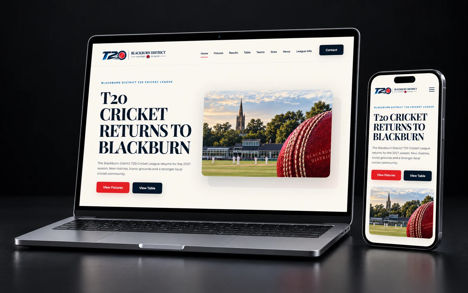 Blackburn District T20 League website displayed on a laptop and phone