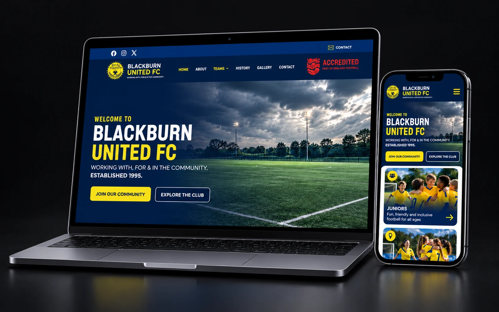 Blackburn United FC website displayed on a laptop and phone
