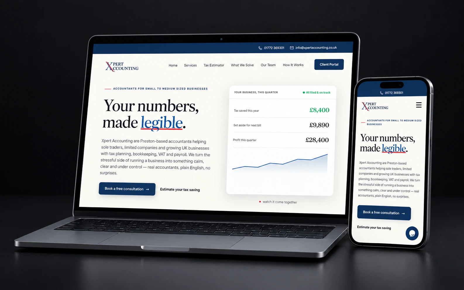 Xpert Accounting website displayed on a laptop and phone